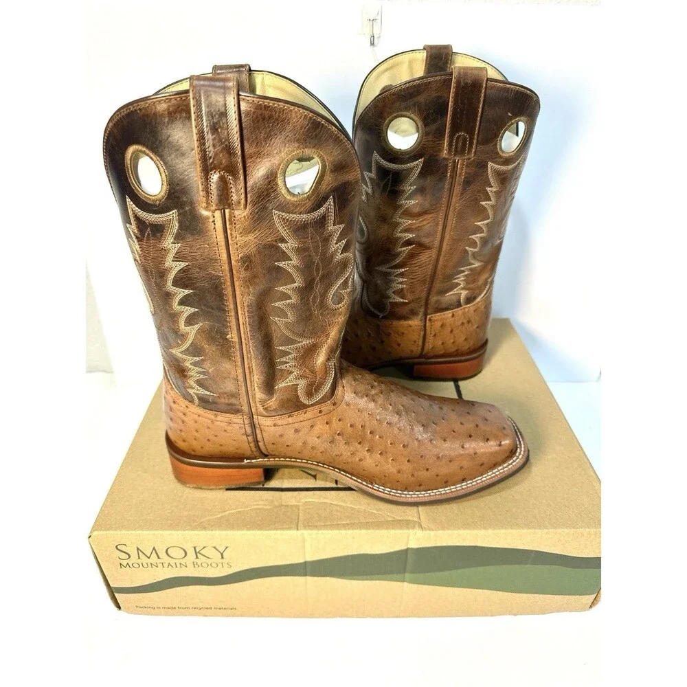 Smoky Mountain Men’s Danville Cowboy Boots 14EE Cognac Ostrich Print Leather - Picture 4 of 10